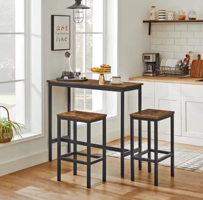 Bartafel-set, statafel met 2 barkrukken, keukenbar met barstoelen, keukentafel en keukenstoelen in industrieel design, voor in de keuken, 120 x 60 x 90 cm, vintage, donkerbruin