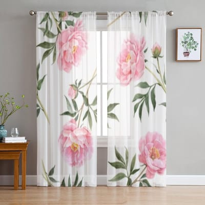 Delicate Roze Pioenrozen Transparante Raamgordijnen Voor Woonkamer Slaapkamer Moderne Voile Tule Gordijnen Stof Draperieën Voor Keuken 135W x 114H(cm) white