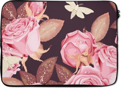 Laptophoes 13 inch - Rozen - Vlinders - Roze - Wit - Laptop sleeve - Binnenmaat 32x22,5 cm - Zwarte achterkant