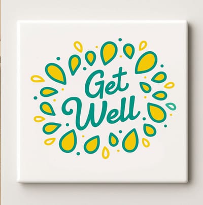 Get Well Tegel – Vrolijk Turquoise-Geel Design – 15x15 cm Keramische Wanddecoratie – Hartverwarmend Cadeau voor Herstel & Bemoediging