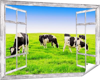 Gards Tuinposter Doorkijk Kudde Koeien in de Wei - Hemel Blauwe Lucht - 150x100 cm - Tuindoek - Tuindecoratie - Wanddecoratie buiten - Tuinschilderij