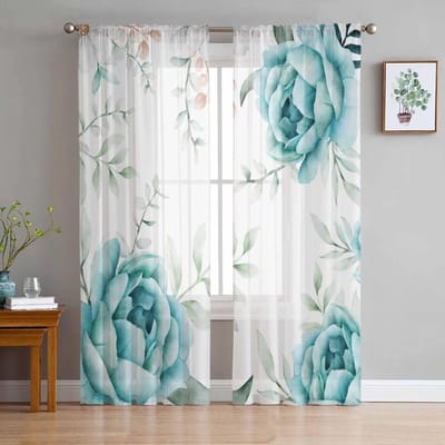 Plantenkleur Waterverf Natuurlijke Tule Voile Gordijnen voor Slaapkamer Woonkamer Raamgordijn Transparante Gordijnen Organza Draperieën 135W x 114H(cm) white