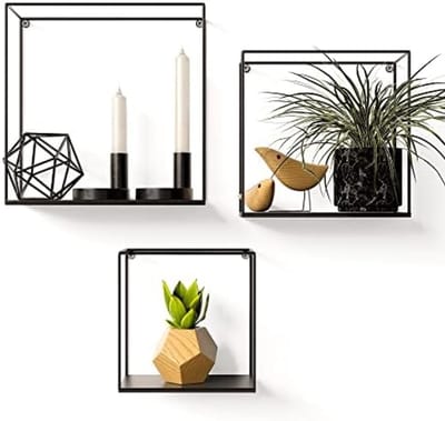 PolkaHome Industrieel Wandrek Metaal | Set van 3 Verschillende Formaten | Decoratieve Wandkastjes | Zwart | Wanddecoratie