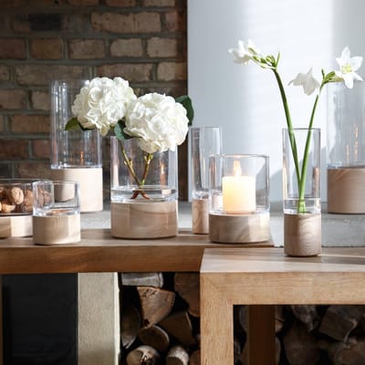 Handgemaakt Glazen Windlicht met Houten Basis, Hoogte 22,5 cm, Helder