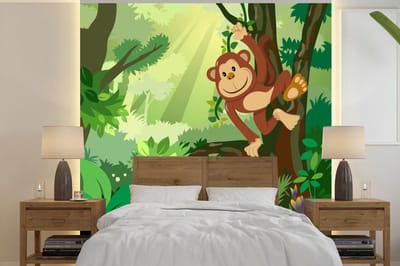 Behang babykamer - Fotobehang Aap - Jungle - Jongens - Meisjes - Bloemen - Kids - Breedte 350 cm x hoogte 350 cm