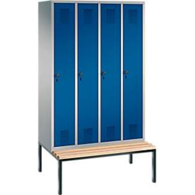 Kapstok Evolo S 3000, staal, met aangebouwde zitbank, 4 compartimenten met allebei B 300 mm, veiligheidsdraaigrendelslot, blank aluminium RAL 9006/gentiaanblauw RAL 5010