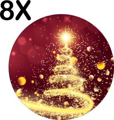 Luxe Ronde Placemat - Kerstboom van Slingers op Rode Achtergrond - Set van 8 Placemats - 50x50 cm - 2 mm dik Vinyl - Anti Slip - Afneembaar