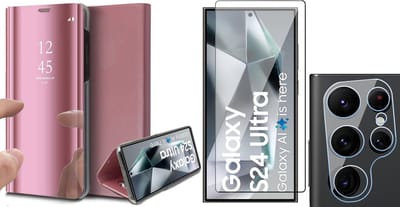 Hoesje geschikt voor Samsung Galaxy S24 Ultra - Screenprotector Volledig Dekkend Glas & Camera - Spiegel Book Case Rosegoud