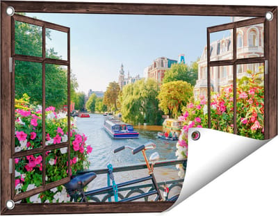 Gards Tuinposter Doorkijk Amsterdamse Kanaal met Bloemen - 60x40 cm - Tuindoek - Tuindecoratie - Wanddecoratie buiten - Tuinschilderij