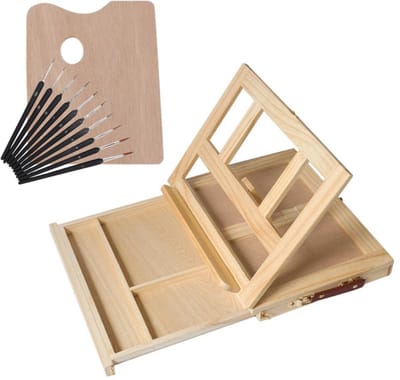 Goodz4All Houten Tekenkoffer met Tafelezel Schilderspalet en Penselen Set