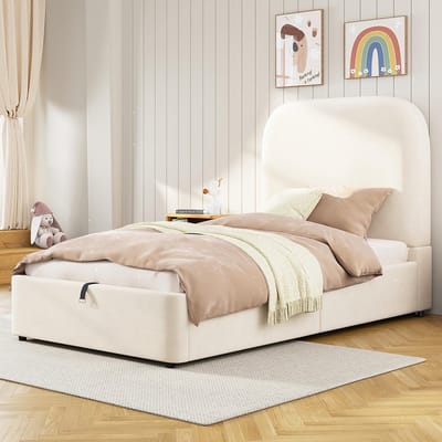 Pugsdrly Gestoffeerd bed, eenpersoonsbed, kinderbed 90 x 200 cm, functioneel hydraulisch bed, bed met lattenbodem, hoofdeinde en grote opbergruimte, gestoffeerd hoofdeinde, fluweel, beige