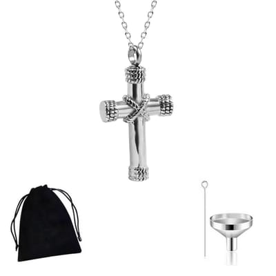 Winkrs - Zilverkleurige Ashanger Kruis met ketting – 3 cm – Ketting 55 cm - Rvs gedenk ketting - Voor as of haar, christelijk, urn – Inclusief vulset en opbergzakje