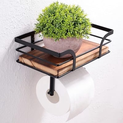 Toiletpapierhouder met legplank, wc-rolhouder met vochtige doekjesbox, toiletrolhouder, houten plank, wc-rolhouder met boren, wandmontage voor badkamer