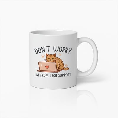 Grappige Tech Support Kat Mok 330ml – “Maak Je Geen Zorgen, Ik Kom Van IT Support” – Leuk Cadeau voor IT’ers & Kattenliefhebbers