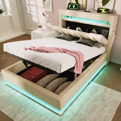 Gestoffeerd eenpersoonsbed van 90x200 cm, hoofdeinde met opbergruimte en USB- en Type-C-aansluitingen, LED-verlichting aan het hoofd- en voeteneinde, hydraulische opbergruimte, beige, linnen. (Matras niet inbegrepen)