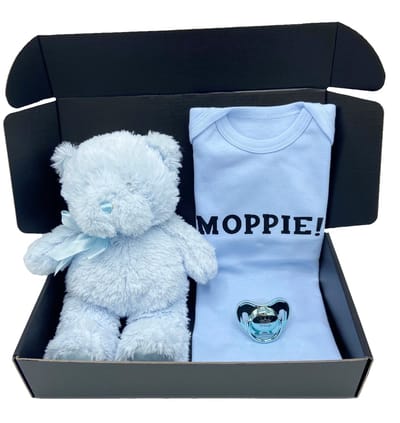 Kraamcadeau jongen met beer romper en speen - keuze uit verschillende rompers - kraampakket kan ook rechtstreeks worden verstuurd met boodschap babyshower