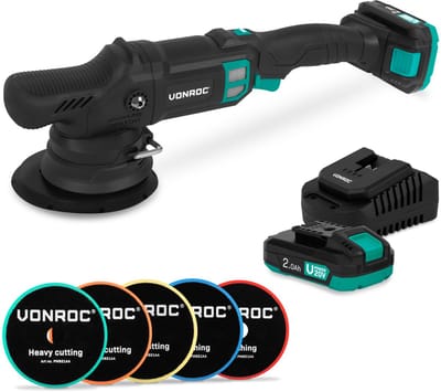 VONROC PRO Excentrische Polijstmachine 20V - Ø 150mm - Brushless motor – 7 snelheden (2000-5000/min) - Soft Start– Complete set incl. 2x 2.0Ah Accu’s, Snellader en 5 Polijstschijven