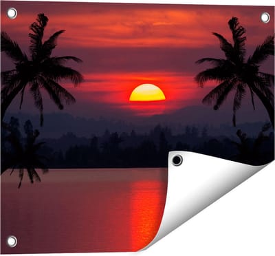Gards Tuinposter Zonsondergang op het Strand met Palmbomen - 50x40 cm - Tuindoek - Tuindecoratie - Wanddecoratie buiten - Tuinschilderij