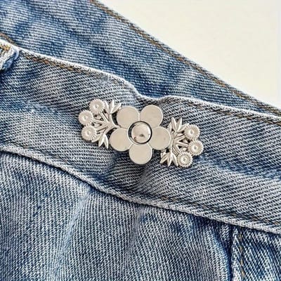 1 Pièce Serre-taille Floral en Denim, Ajusteurs de Pantalon Dorés à Pression Instantanée, Épingles Détachables en Tissu Denim Sans Couture, Ceinture Ajustable Boucles Florales