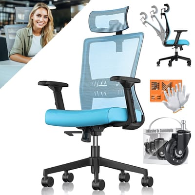 KESSER® Bureaustoel | Ergonomische Bureaustoelen voor Volwassenen | verstelbare rugleuning | in hoogte verstelbaar | Hoofdsteun & Lendensteun | office Chair met 5x rubberen wielen - Blauw