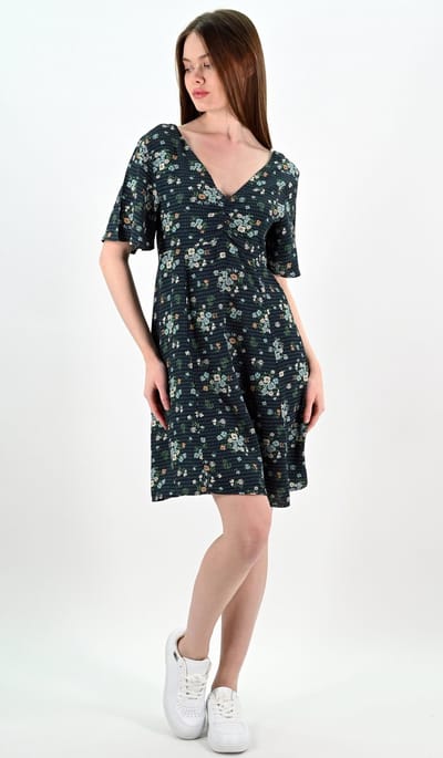 YesMooi - Mini Jurk met Bloemenprint - V-hals en Open Rug - M (38) - Donkergroen | Blauw | Oranje