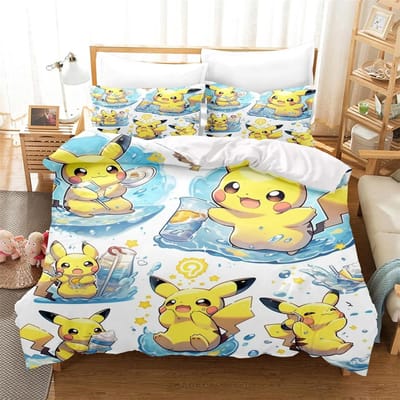 Pokemon 3D Pikachu Dekbedovertrekken Anime Beddengoed voor kinderen jongens meisjes volwassenen Kinder Beddengoed Set Vakantiecadeau AU Single(140*210cm)3pcs
