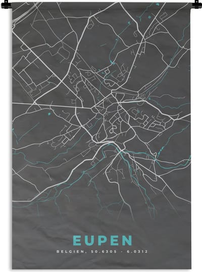 Wandkleed - Wanddoek - Plattegrond – Eupen – Blauw – Stadskaart - Kaart - 120x180 cm - Wandtapijt
