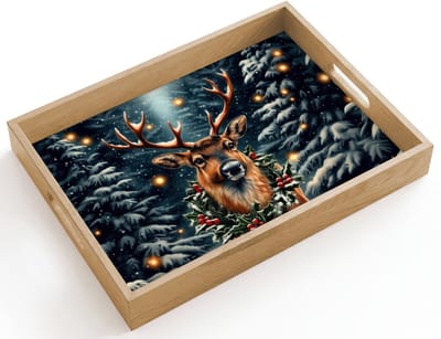 Dienblad hout 40x30 cm - Schootdienblad - Kerst - Magie - Bos - Kleurrijk - Borrelplank rechthoek - Plateau dienbladen