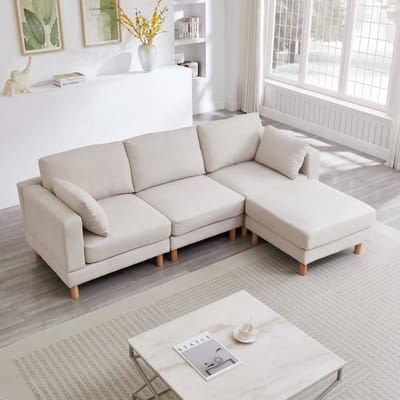 OKWISH Hoekbank 235 x 152 cm - 3-Zits Met Hocker En Flexibele Chaise Longue - Voor Woonkamer - Polyester - Beige