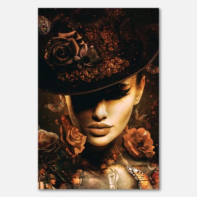 Schilderij op plexiglas - 80 x 120 cm - Vrouw met hoed en rozen in vintage stijl - PosterJunkie