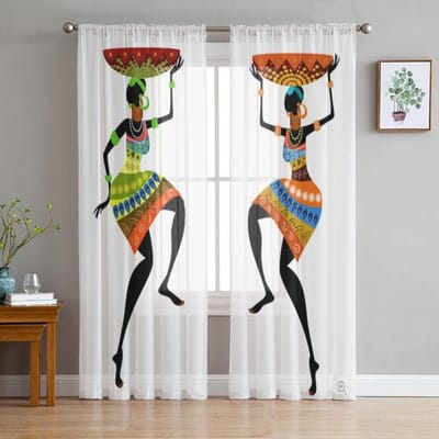 Afrikaanse Vrouwen Transparante Gordijnen Voor Woonkamer Slaapkamer Tule Gordijnen Keuken Raamdecoratie Paneelgordijnen 135W x 114H(cm)