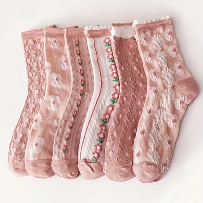 6 Paar Dames Sokken tot op de Knie, Met Klein Bloemenreliëf, Polyester & Spandex Mix, Gebreide Stof, Handwasbaar - Schattige Roze Sokken voor Halve Kuit One-size roze