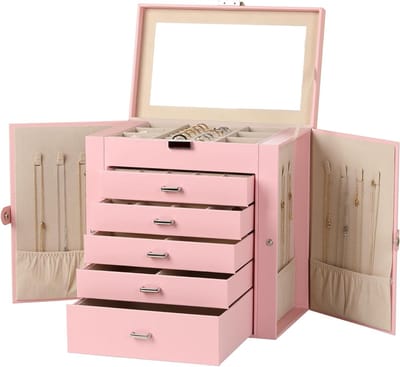 Grote Sieradenbox van PU Leer, 6 Laags Multifunctionele Organizer met Slot en 5 Lades voor Oorbellen, Kettingen, Armbanden en Horloges (Roze)