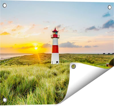 Gards Tuinposter Vuurtoren met Zonsopgang op een Eiland - 50x40 cm - Tuindoek - Tuindecoratie - Wanddecoratie buiten - Tuinschilderij