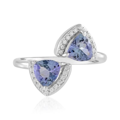 Cavill - 925 Zilveren Ring - Platina Geplateerd - 1,244 ct Onverhitte Tanzaniet Trilliant - 26 Cambodjaanse Zirkonia Pavé - Stijlvolle Edelstenen Ring