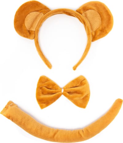 KIMU® Beer Haarband Oren, Strik & Staart Diadeem Set - Bruin Beige Zacht Berenpak Dierenpak Oortjes Pak - Kinderfeestje Strikje Staartje Festival