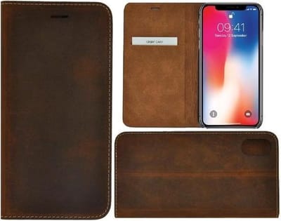 Geschikt voor iPhone X/ Xs hoesje echt leer Wallet bookcase met pasjeshouder Antiek donker Bruin Cover