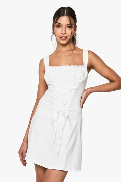 boohoo Dames Bengaline Milkmaid Mini Jurk | White | Maat: 14