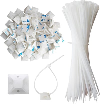 Set van 340 Zelfklevende Kabelbinders en Bevestigingsbases voor Efficiënte Kabelbeheer en Organisatie, Wit, 19x19mm en 200x2.5mm