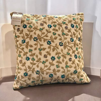 Kussens woonkamer - kussenhoes 40 x 40 cm - kussensloop - sierkussens - cushion cover - katoensilk - Kussenhoesjes - 2 stuks - etnisch Indiaas - borduurwerk - embroidery - Creme wit - Blauw - Gouden