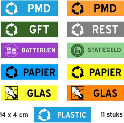Set vuilnis sorteer stickers UITGEBREID (11 stuks) | GFT/ Plastic/ Statiegeld/ Batterijen/ Glas/ Papier/ Rest | 14 x 4 cm | Afval sorteren | Sticker | Plastic | Ikea | 11 stuks