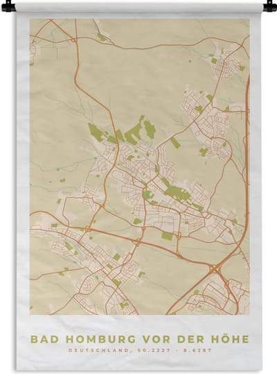 Wandkleed - Wanddoek - Kaart - Stadskaart - Bad Homburg vor der Höhe - Plattegrond - Vintage - 120x180 cm - Wandtapijt