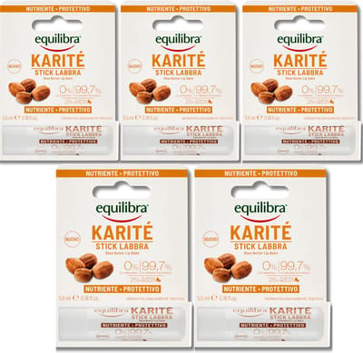 Equilibra Lippenbalsem Karite - Voedend en Beschermend - Lipbalm voor Zachte Lippen - 5x 5,5ml