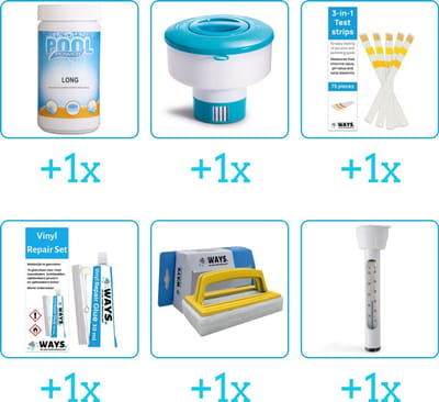 Zwembad Onderhoudspakket - Onderhoud Zwembad - bevat Chloor - Chloordrijver - Testrips - Reparatiesetje - Scrubborstel en Thermometer (6-delig)