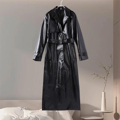 Street Leer Lange Jassen Vrouwen Losse Revers Enkelrijig Riem Pu Jassen Vrouwelijk Herfst Lange Mouwen Effen Bovenkleding Dame L zwart