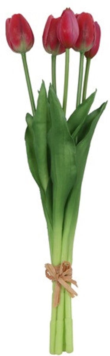 Kunstboeket Tulpen Lang - Kunstbloem Roze en Rood - 5 Stuks