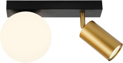 Glitzerlife - Plafondspot Plafondlamp - dubbele lichtbron Retro 1xE14 en 1xGU10 fitting - Opbouwspots Woonkamer - Draaibaar - Metaal en Glas - Ø25cm - Zwart en Goud