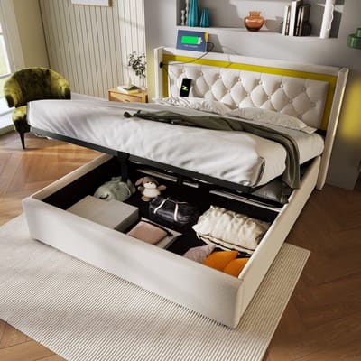 MEUNIQ tweepersoons bed 140x200 cm met opbergruimte, LED verlichting, USB en Type-C, stoffen bedframe met lattenbodem en hoofdbord voor slaapkamer, beige