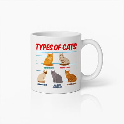 Types of Cats Cartoon Witte Mok – Schattige Kattenrassen Illustratie Koffiemok 330 ml
