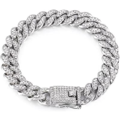 Strass Hondenhalsband Metaal Sterk Goud Cubaanse Schakel Hondenhalsketting Luxe Diamant Puppy Kat Halsband Hondensieraden Accessoires 8inch (20cm) zilver